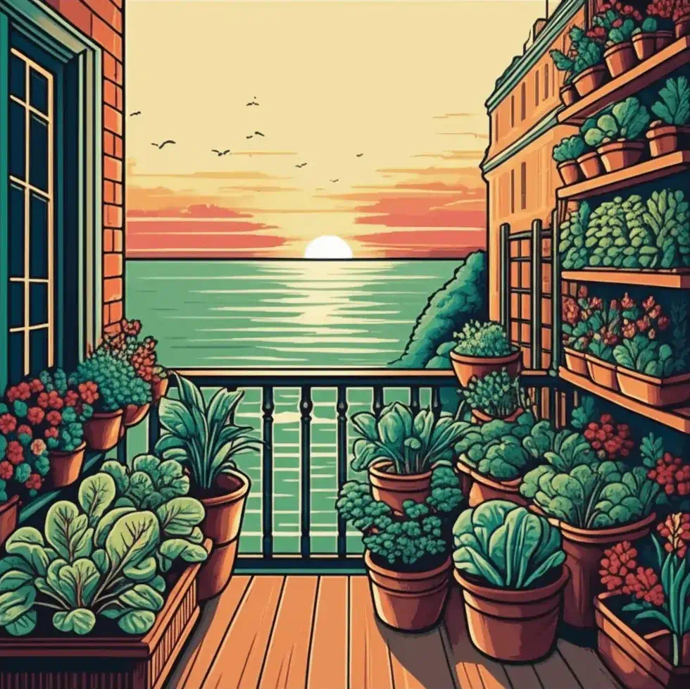 A balcony garden with various plants in containers